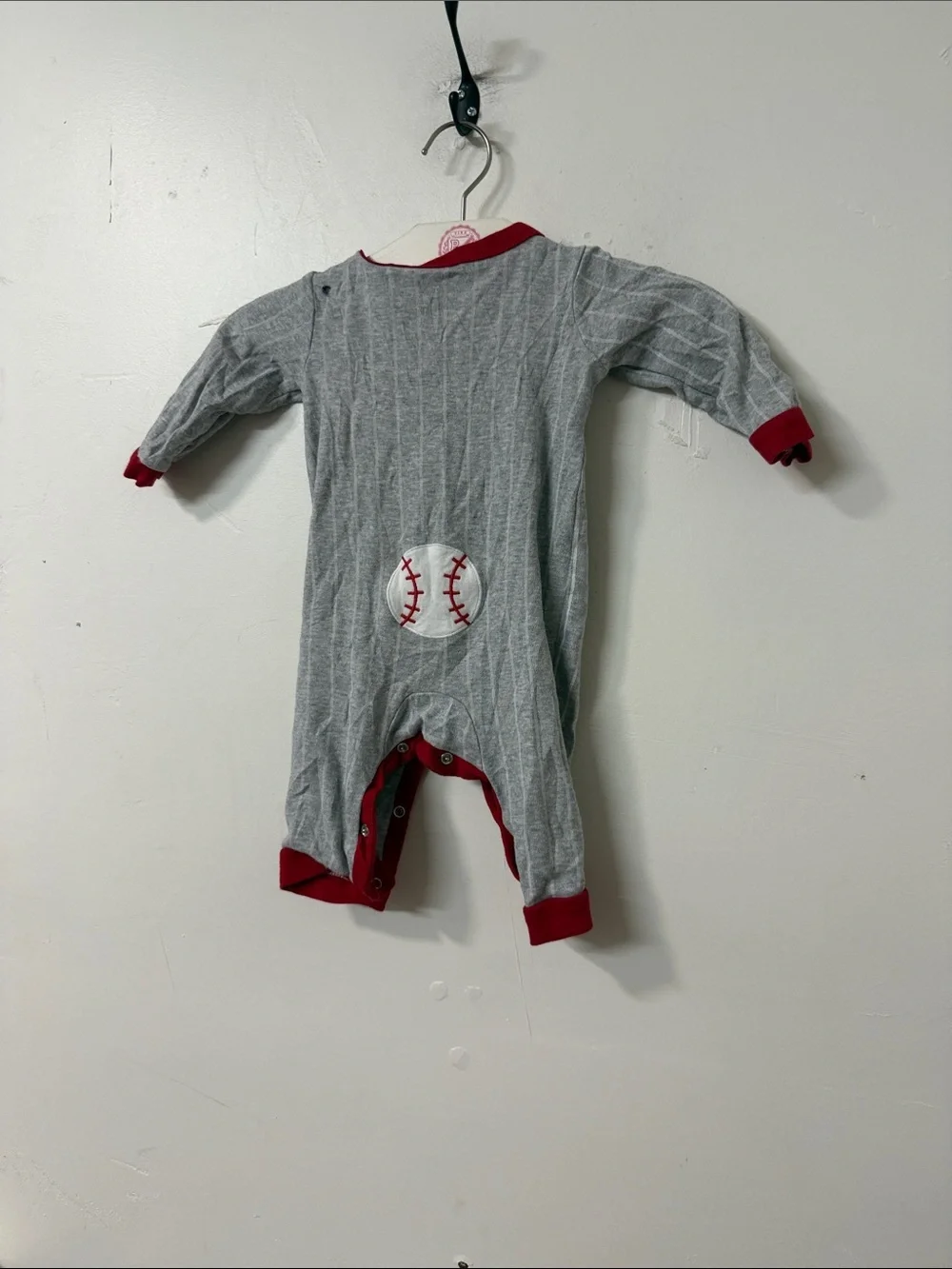 Carter's Gray Pinstripe Romper with Red Trim